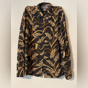 Norton McNaughton 100% Silk Button Up Medium Brown Tan Leaf Print Shirt